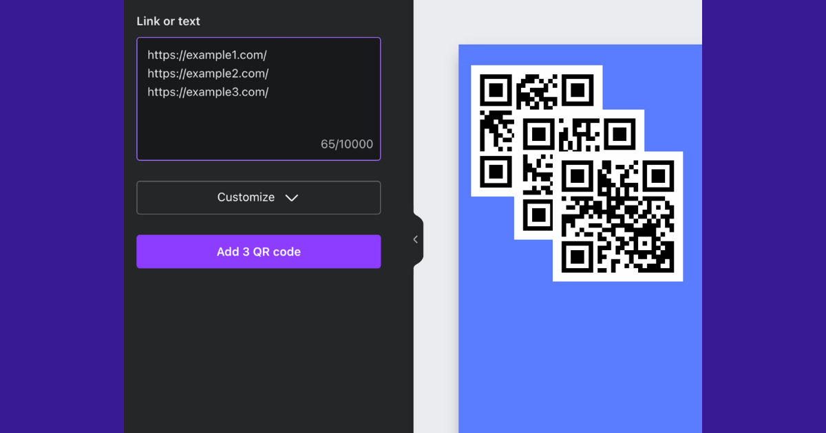 Enter the content and click the creaton to generate bulk qr codes.