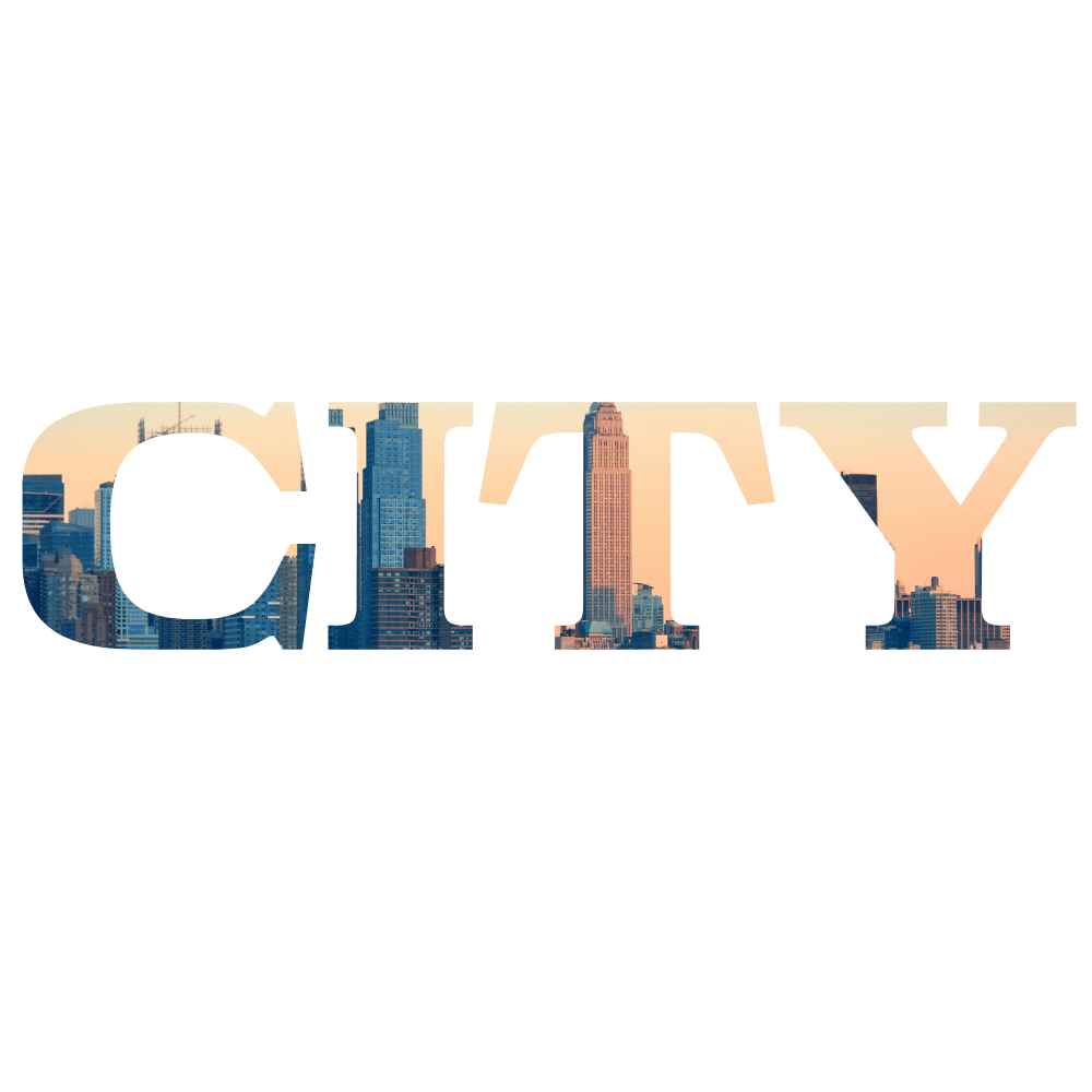 Text mask — the word CITY filled with a skyline photo